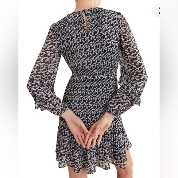 Boden Long Puff Sleeve Plisse’ Belted A-line Mini Dress French Navy Poppy Vine - Picture 5 of 12